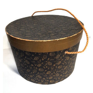 1940's Black and Gold Floral Pattern Wallpaper Hat Box 10" Rope Handle